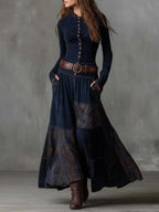 Leonora | Vintage Long Dress in Navy Blue Suede Check (Includes Belt)