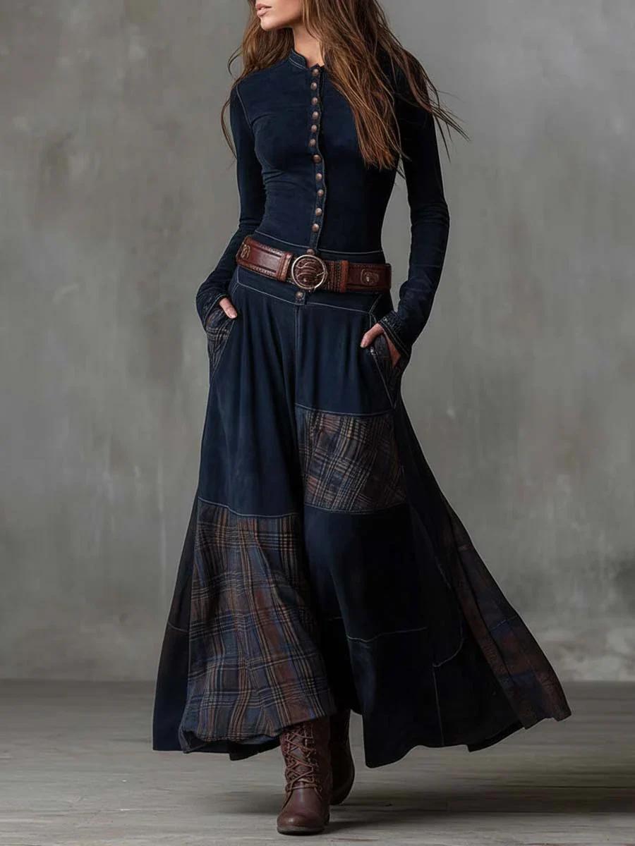 Leonora | Vintage Long Dress in Navy Blue Suede Check (Includes Belt)